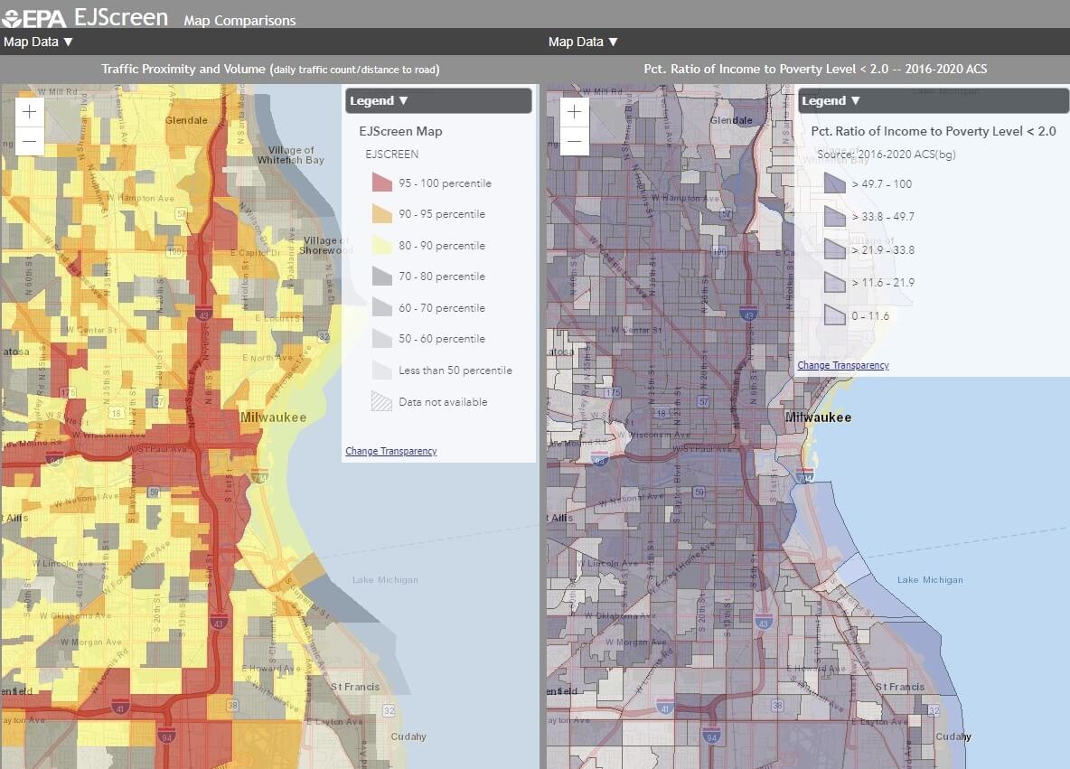 Screenshot of EJ Screen - comparing Traffic Proximity and Volume to Pct. Ratio of Income to Poverty Level 